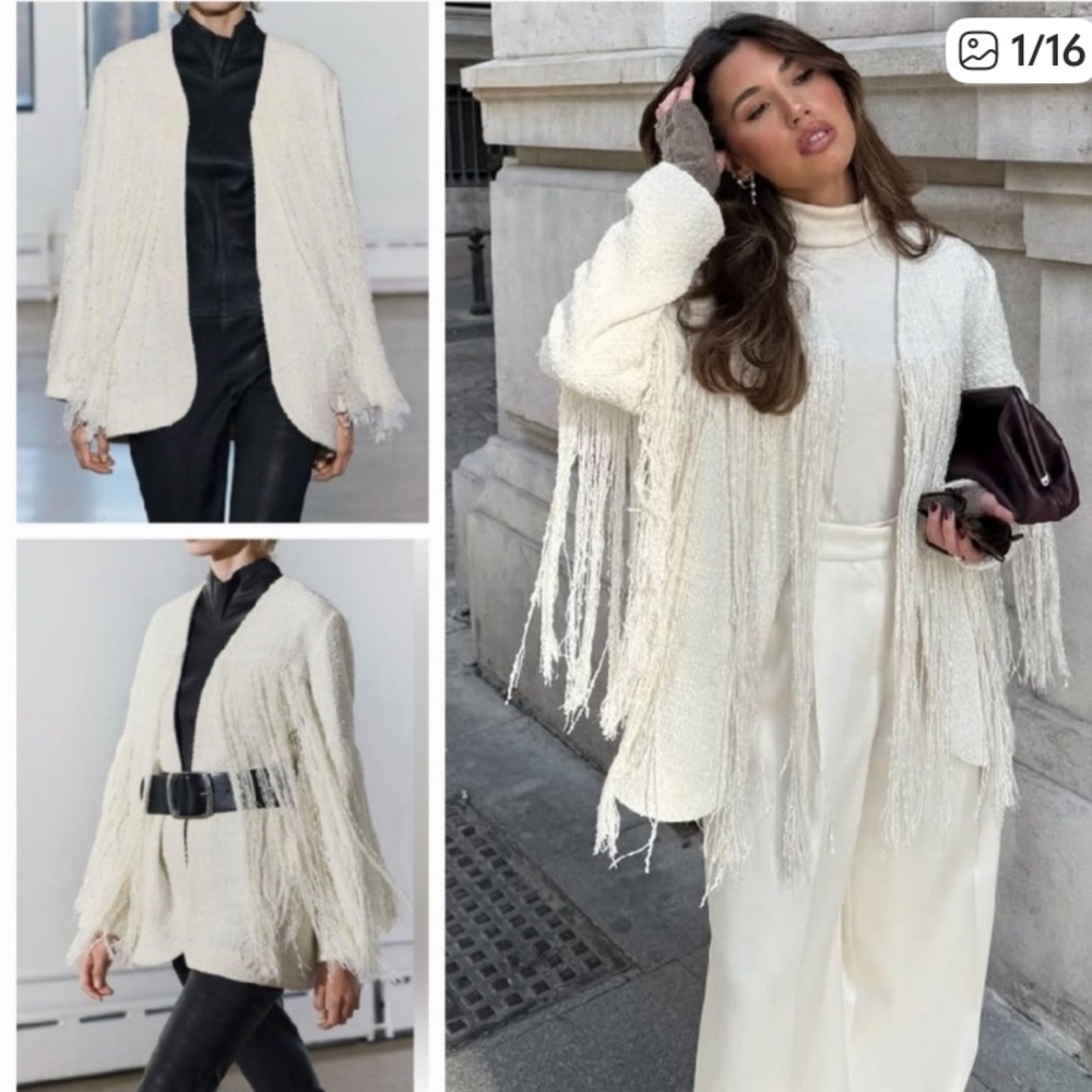 ZARA Ecru Cream Fringe Open Cardigan Tweed Textured Structured Jacket Sze Small